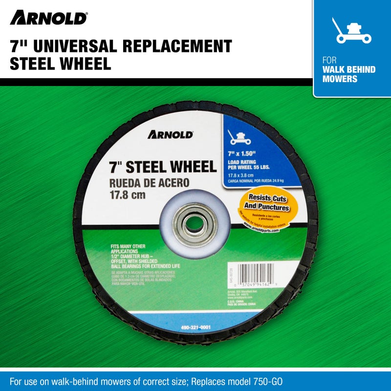 Arnold 7" Universal Replacement Steel Wheel with 55 lb. Load Rating, Black - Image 3